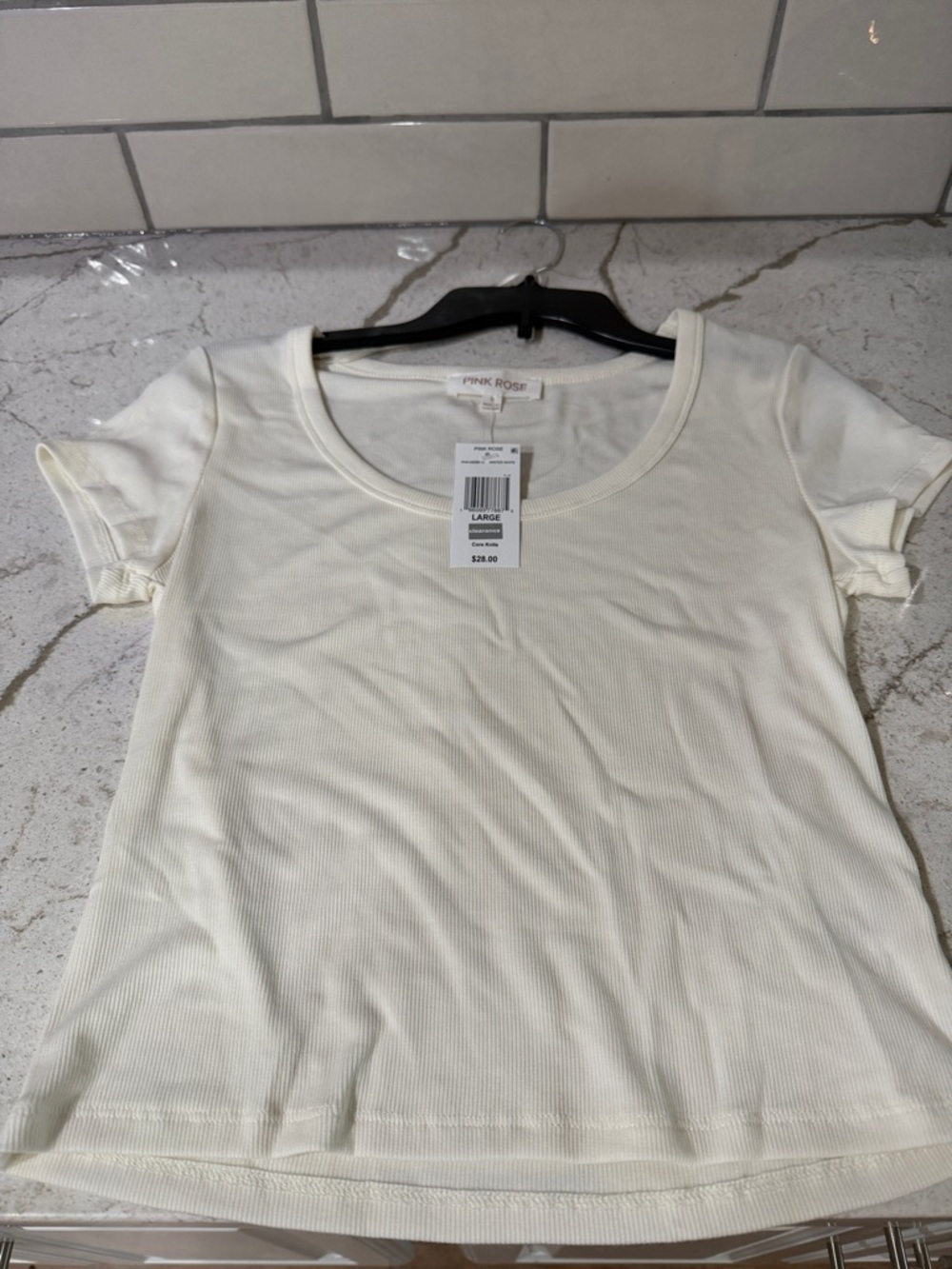 Pink Rose Cream Ribbed Short Sleeve Scoop Neck Tee